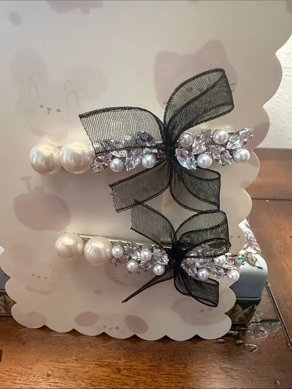 Pearl & Crystal Black Bow Hair Clips - Women Accessories